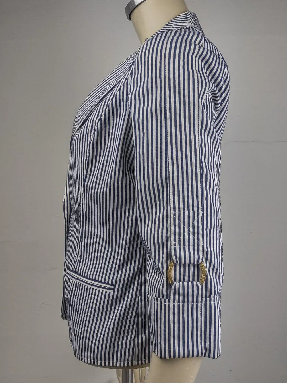 St. John blue white striped tabbed sleeve button front blazer jacket womens 4 - Picture 7 of 10